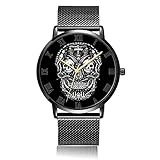 [kosung] Flower Skull Armbanduhr, individuelle Unisex Wasserdicht Edelstahl Handgelenk Quarzuhr mit schwarzem Stahl Handgelenk Band für Business Casual Collection Zweck, Herren, W-8