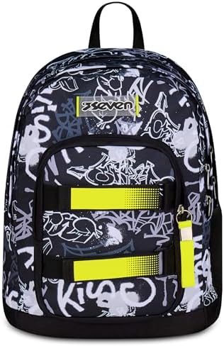 Seven Zaino New Fit, Doppio Scomparto, Tasca Porta Borraccia, Scuola e Tempo Libero, White Scratch, Bambini e Ragazzi, grigio/giallo