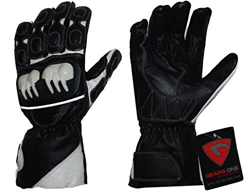 New Winter Full Breathable Motorcycle 100% Cowhide Leather Bikers Gloves with Carbon Knuckle Protection (Large, White/Black)