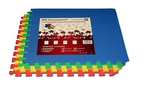 JSG Accessories Bodenschutzmatte / Spielmatte, für Innen- und Außenbereiche geeignet, beidseitig verwendbar, ineinandergreifende Fliesen können je nach Bedarf zusammengefügt werden (Seitenlänge je quadratischer Fliese: 61 cm), enthaltene Farben: Rot / Blau / Grün / Gelb, erhältliche Menge (wählbar): 4 bis 48 Fliesen, maximale Abdeckung: 17,8 m²