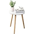 BBAUER Wood Round Side Table, Nightstand, Coffee End Table for Small Spaces, Living Room, Bedroom, Balcony, Easy Assembly Boho Bedside Table with Natural Legs, White, 40x52 cm