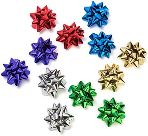 Decorative Metallic Gift Wrap Bows: Six Assorted Colours for All Occasions - 12 Large 9 cm Bows in Storage Box - 2 of Each of Colour - Red, Green, Blue, Gold, Silver, Purple for Gift Wrapping