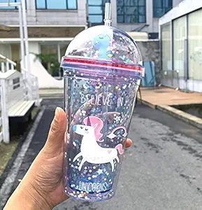 DIPDEY Acrylic Unicorn Glitter Sipper with & Straw Tumbler for Kids Toy Random Colour Plastic - Pack of 1, Assorted, 500ml (Multicolour)