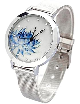 TOOGOO(R) Neue Frauen Mesh-Quarz-Armbanduhr runden Zifferblatt Edelstahl Quarz-Art Geschenk Blaue Lotus