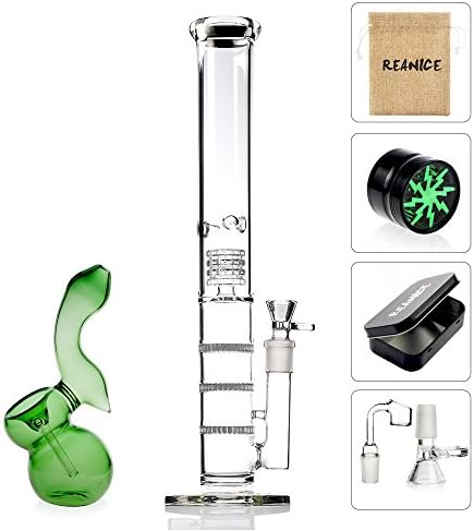 REANICE SUPER Recycler Glass Bongs big glass bong 18.8mm bong bowl Height 44cm Straight Glass Pipes Honeycomb Branch Bong Water Oil Rigs Pipe Bongs Glass With Accessories three layer filter+Glass Pipe Green(H:14.5cm W:7cm)