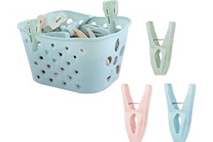 KOBOKO Spinacze do bielizny z koszem, spinacze do bielizny, kosz, spinacze do bielizny, duże, bardzo mocne klamry z tworzywa sztucznego do suszarki na pranie i linki do prania (30 spinaczy do prania, 1 kosz na spinacz)