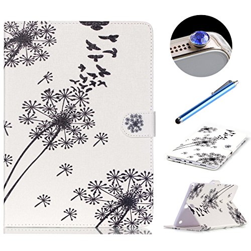 Etsue Schutzhülle Samsung Galaxy Tab A 9.7 Hülle, Galaxy Tab A 9.7/T550/T555 Hülle Tasche Case, PU Leder Case für Samsung Galaxy Tab A 9.7, Löwenzahn Blumen Mädchen Series Bunte Malerei Ledertasche Lederhülle Handytasche Brieftasche Wallet Cover Flip Case Magnet Etui Schale für Samsung Galaxy Tab A 9.7 + 1x Diamant Staub Stecker + 1x Blau Eingabestift(Weiß schwarz Löwenzahn fliegend Vogel)