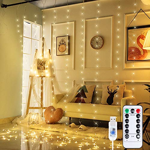 Anpro Luz Cadena Luz de Cortina USB, con 300 Bombillas LED, 8 Modos, Blanca Cálida, 3x3 m