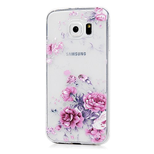 Badalink Hülle für Samsung Galaxy S6 Slimcase TPU Rose Blümchen und Strauchpäonie Gemalt Aufdruck Muster Schutzhülle Weich Flexibel Semi-transparent Wasserdicht Einteilige Handyhülle Soft Leicht Stoßstangen Case - 3