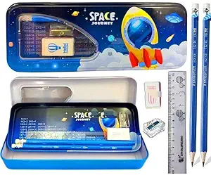 GoMerryKids Space Metal Pencil Box with Eraser Top Pencils Pencil Cap & Sharpener Stationary Set Birthday Return Gift Set for Girls Boys Kids