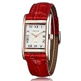 SKONE Frauen Rot Leder Band Rom Zahlen Quarz Uhren Gold Rechteck Fall Weiß Zifferblatt 505808