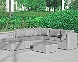 Polyrattan und Bezüge in Grau, Lieferumfang und Maße (T x B x H): 2 x Doppelsofa mit Lehne links: 75 x 140 x 65 cm, 2 x Mittelsofa: 75 x 75 x 65 cm, 1 x Hocker: 75 x 75 x 31/39 cm, 1 x Tisch: 75 x 75 x 31 cm.