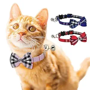 PSK PET MART Cat Collar, Breakaway with Cute Bow Tie and Bell for Kitty and Some Puppies, Adjustable from 7.8-10.5 Inch(Red+Blue)