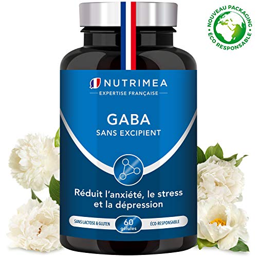 GABA 750 mg/j - Diminution du stress et de l'anxiété - Favorise le sommeil - Calme et sérénité - 60 gélules vegan - Fabrication Française - Nutrimea