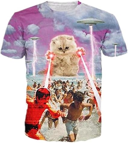 HWHColor Juniors 3D Laser Cat Attcak Beach Shirt Funny Graphic Tee