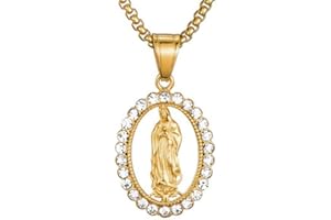 BOBIJOO JEWELRY - Colgante Collar Virgen María Orando Forma Ovalada Diamantes Falsos Acero Inoxidable Chapado en Oro