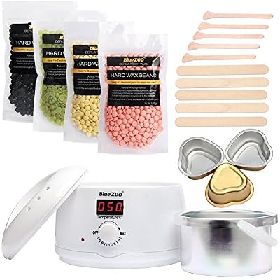 Bluezoo Kit d'épilation à la cire dépilatoire - 1 Chauffe Cire capacité 500ml - 4 Sachet Cire pelable - 10 spatules en bois – 3 Petits bols