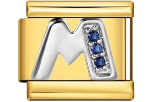 MON & SONS A to Z Crystal 18k Gold Letter Initial Name Tag Alphabet Personalised Birthday Silver Italian 9mm Link Stainless Steel Bracelet Charm Compatible With Nomination