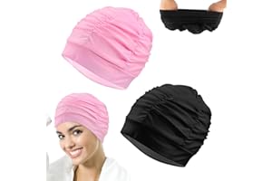 CAREDGO 2 Cuffie da Nuoto per Capelli Lunghi Cappello da Nuoto in Fibra di Poliestere Elastica Cuffie da Piscina Donna per Adulti per Piscina Spa (Rosa e Nero)
