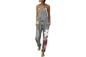 Minetom Combinaison Femme Salopette en Jeans Jumpsuit Pantalon Imprimé Floral Casual Grand Taille Denim Overall