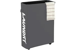 PLASTIFIC Rolling Laundry Basket Dark Grey | 4 Wheels Collapsible Slim Hamper | Foldable Narrow Clothes Bin with Mesh Lid | Moisture Proof Oxford Fabric Laundry Organizer