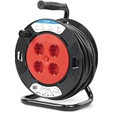 Garza - 15 m cable reel, 4 sockets with earth, domestic indoor, child protection, overvoltage and overheating, roll-up electr