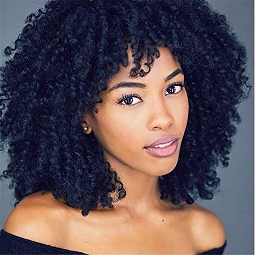 Kinky Curly Short Wigs Fluffy Heat Resistant Fiber Wig for Black Women Short Afro Wigs Synthetic Hair with Free Wig Cap 300g, black