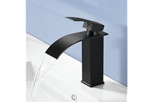 kisimixer Wasserhahn Bad Schwarz Wasserfall, Waschtischarmatur Bad Schwarz, Badarmatur Einhand Waschtischbatterie mit Auslauf Höhe 115mm, Mischbatterie Waschbecken Schwarz Matt