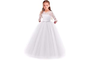 MYRISAM Filles Robe de Cérémonie 3/4 Manches Longues Tulle Dentelle avec Bowknot Demoiselle d'honneur Robe d’Mariage Soirée Communion Anniversaire Baptême Carnaval Fête Bal 3-14 Ans