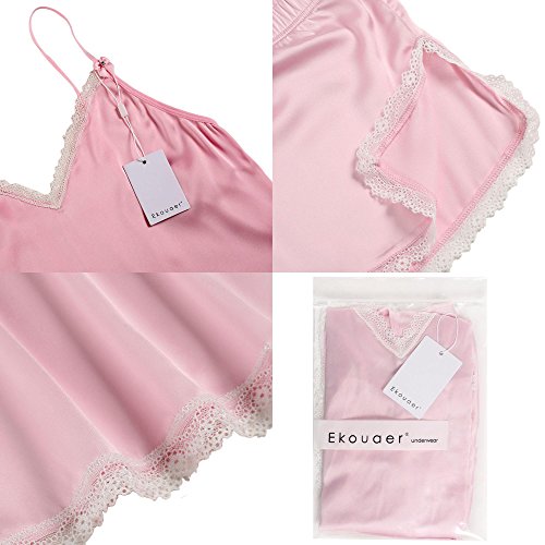 Ekouaer Träger Nachthemd Kurz Nachtwäsche Schlafanzüge Sexy Damen Negligee Wäsche set aus Satin Pyjama - 6