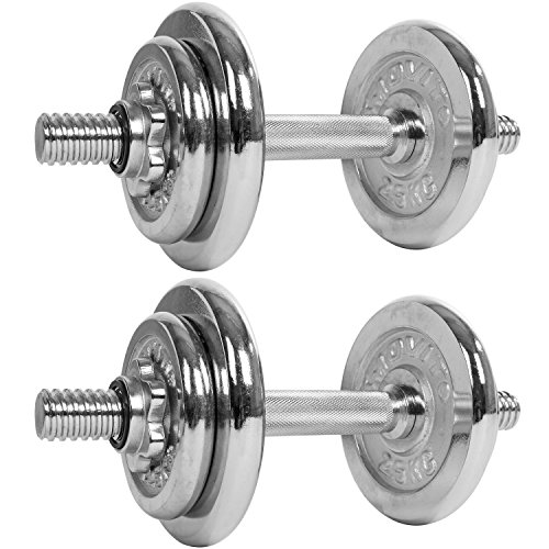 MOVIT® 20 kg Chrom Kurzhantel Set aus GUSSEISEN im Koffer, 2 Stück a 10kg, Stangen gerendelt 35 cm x Ø 3 cm STANDARDNORM mit Sternverschluss, inkl. 4x 2,5 kg + 4x 1,25 kg Hantelscheiben - 5