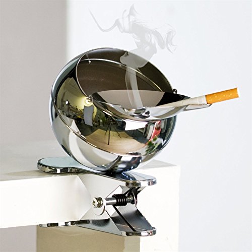Sturm-Aschenbecher Clip it aus Metall · silber runder Kugelascher Ø 11 cm mit Klammer zum Befestigen an Tischen, Bänken usw. mit Moosgummi-Schutz an der Klammer Höhe 13 cm · Breite 10 cm · Tiefe 14,5