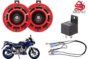 SHOP4U Super Tone Red Grill Horn Set of 2 Compatible with Bajaj Pulsar 220 (Free Relay and Wire)