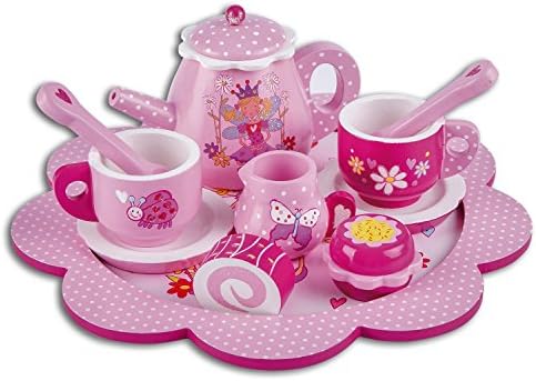 Lucy Locket - Luxury 'Fairy Tale' Wooden Tea Set & Cakes -12 piece Pink Glittery Toy Tea Set for Children