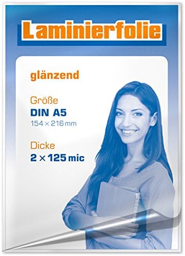 Laminating Pouches DIN A5 size, 154 x 216 mm, 2 x 125 Micron, Clear Gloss, Pack of 100