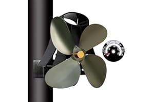 QJUZO Stromloser Ventilator Kaminventilator Ofenventilator für Kamin Feuerstelle Holzöfen Öfen Hitzebetrieben Umweltfreundlich Geräuscharmer 4 Rotorblätter mit Thermometer,Grau