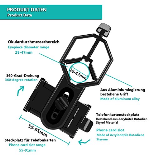 JUMPFISCH Premium Okular- und Smartphone Handy Halterung Adapter Mount fÃ¼r Teleskop, Mikroskop, Spektiv, Monokular, Fernglas, Mikroskop.(Geeignet fÃ¼r alle Typen Handy Smartphone Iphone Sony Samsung)