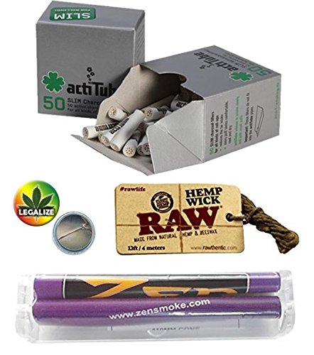 Kiffer Set 4tlg.: Zen konische Drehmaschine 110mm Jointroller - 50x actitube Slim Aktivkohlefilter - 4m Raw Hemp Wick - Rasta-Legalize-Ansteck-Button 25mm