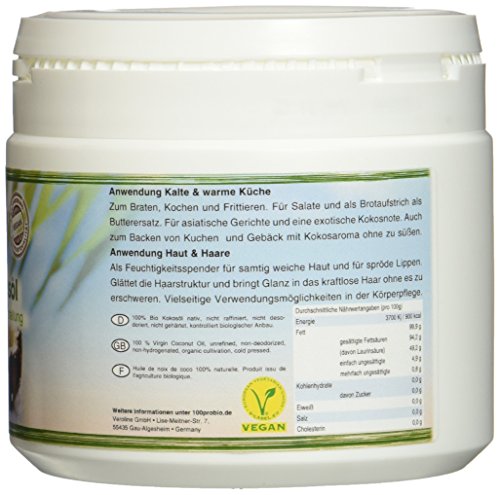 100ProBio Kokosöl nativ 500ml PE-Becher -Ideal für Haut & Haare- 100% reines Kokosöl ein natürliches Öl ohne Zusatzstoffe - 4