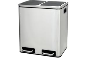 Panana Mülleimer, 2 x 15 L, 2 Fächer, Mülltrennsystem, Treteimer, Abfalleimer Küche, 15 Müllsäcke, aus Metall, Inneneimer aus Kunststoff, Klappdeckel, Schleißt sanft (1, Silber + Schwarz)