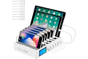 IDEALLIFE Stazione di ricarica per più dispositivi, Stazione di Ricarica USB a 7 Porte Caricatore USB Con 7 cavi di ricarica corti, compatibile con iPhone iPad tablet