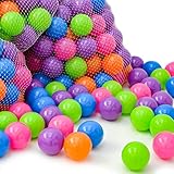 bolas piscina baratas 100% SEGURO - las esferas están libres de junturas duras. Tienen una consistencia firme pero no rígida: si aplastadas, vuelven a la forma original. El set se compone de una mezcla de colores diferentes: rosa, morado, azul, verde y naranja