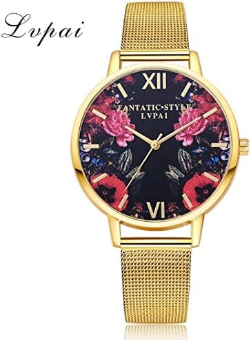 Women's Fashion Watches,Diadia New Women's Printed Floral Fashion Casual Quartz Wrist Watch Stainless Steel Analog Quartz Round Bracelet for Party,Wedding,Cycling,Shopping (Gold)