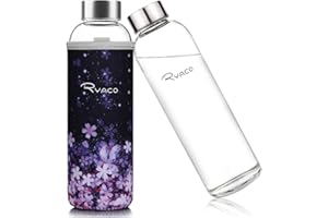 Ryaco Bottiglia d'Acqua, 550ml Bottiglia Vetro Trasparente Portatile con Guaina Protettiva in Neoprene per Il Campeggio Viaggi tè Ufficio (Sakura Romantica, 550ml)