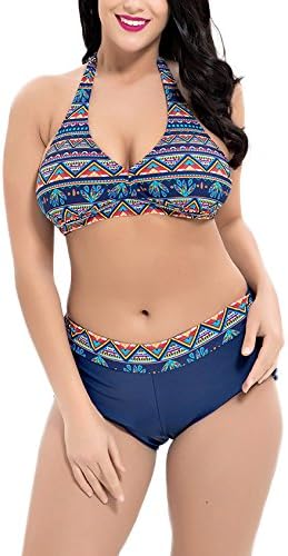 Women's Bikini Sexy Retro Push up Swimwear Halterneck Triangle Gather Two Piece Floral Spa Travel Swimsuit,NavyBlue-XL