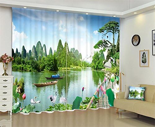 Dbtxwd Polyester Blackout Curtains,3D lake Printing,Solid Thermal Window Drapes for Living Room Bedroom , wide 2.64x high 2.41