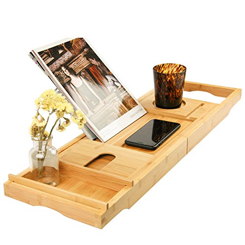 Preisvergleich Produktbild Badewannenablage Bambus Badewannentablett ausziehbar Badewannenauflage Badewannenbrett Bewerben auf Badewannenablage Buchstütze für iPad eReader Tablet Buch usw. 109 x 4,5 x 23 cm (B x H x T)