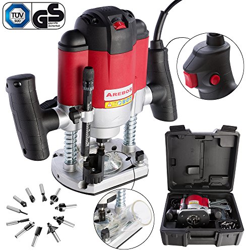 Arebos Oberfräse Holz Fräse maschine Hand Kanten 1200 W, inklusive 12 Fräser und Koffer, 4260199750179