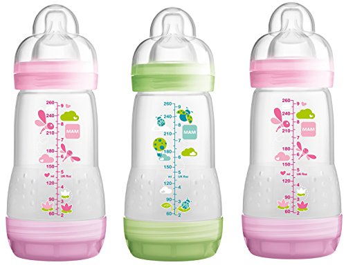 MAM Self Sterilising Anti-Colic Bottle 260 ml (3 Pack Pink/Green)