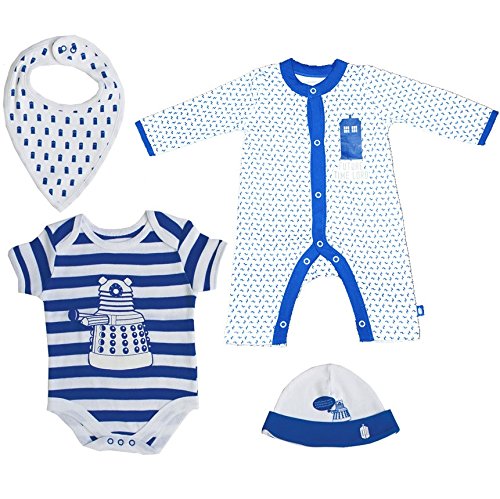 Doctor Who® DW Boy's Kids Children 4 Piece Starter Set Hat BIB Bodysuit Baby Grow - BBC Official Merchandise (4 Piece Set) 100% Cotton (3 - 6 Months)